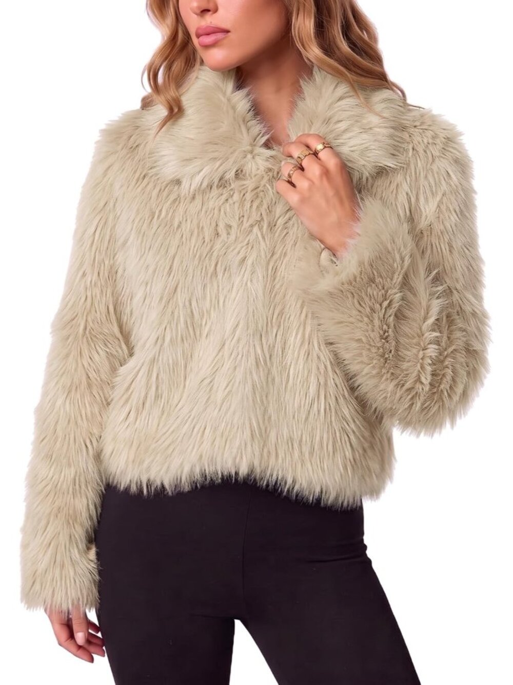 Women's Apricot 100% Polyester Faux Fur Cozy Collared V-Neck Shaggy Crop Coat